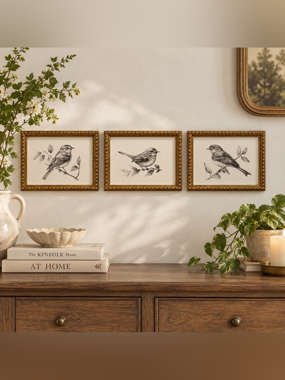 Set of 3 Gold Framed Bird Prints 10x8 Botanical Cottagecore Wall Art.